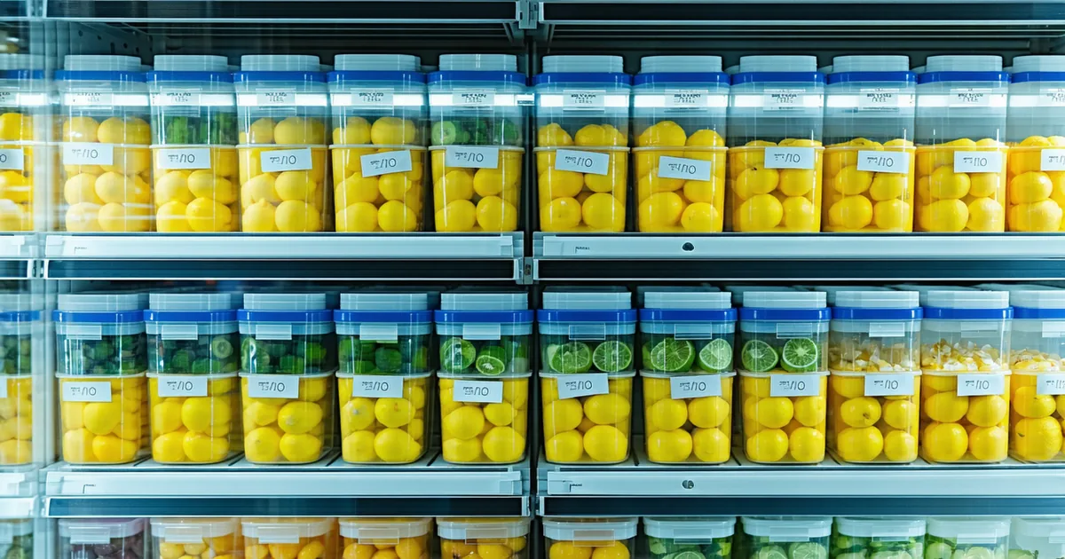 Organized walk-in refrigerator shelves with date-labeled containers showing FIFO food rotation