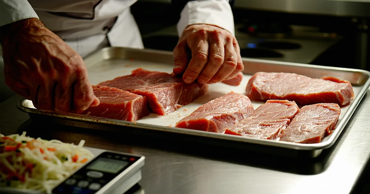 Chef trimming and portioning proteins on a prep table with a scale nearby