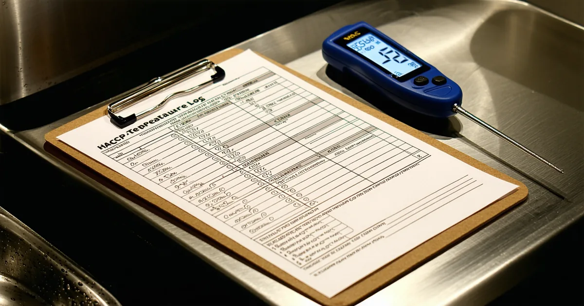 Digital thermometer and paper temperature log side by side in a commercial kitchen