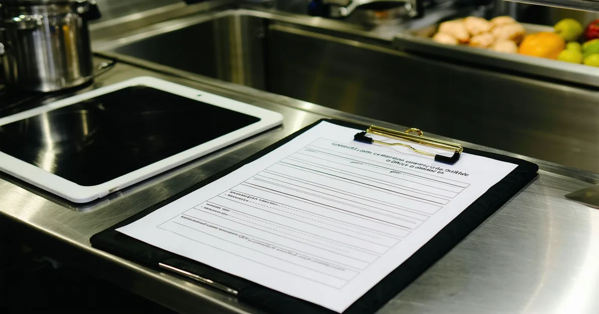 Side-by-side view of a paper line check form and a tablet in a commercial kitchen