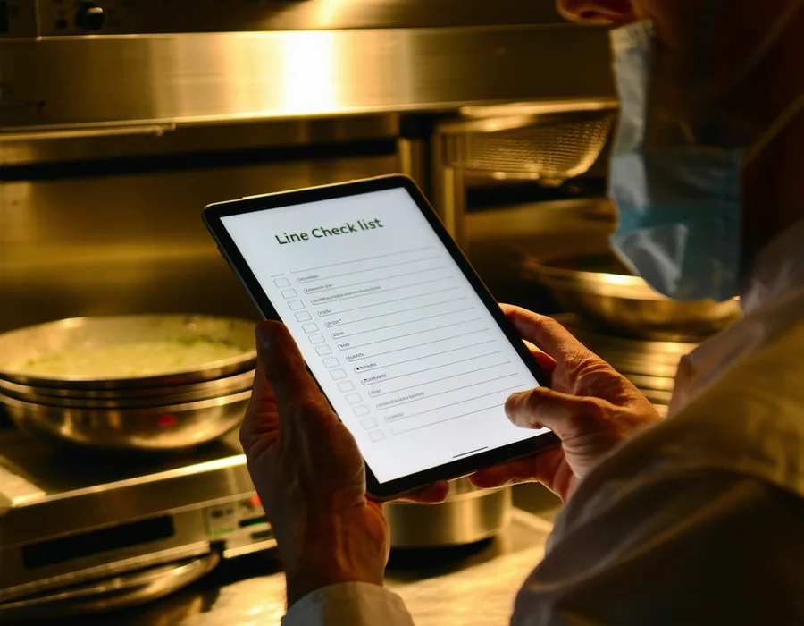 Chef using tablet to run digital pre-service line check in commercial kitchen
