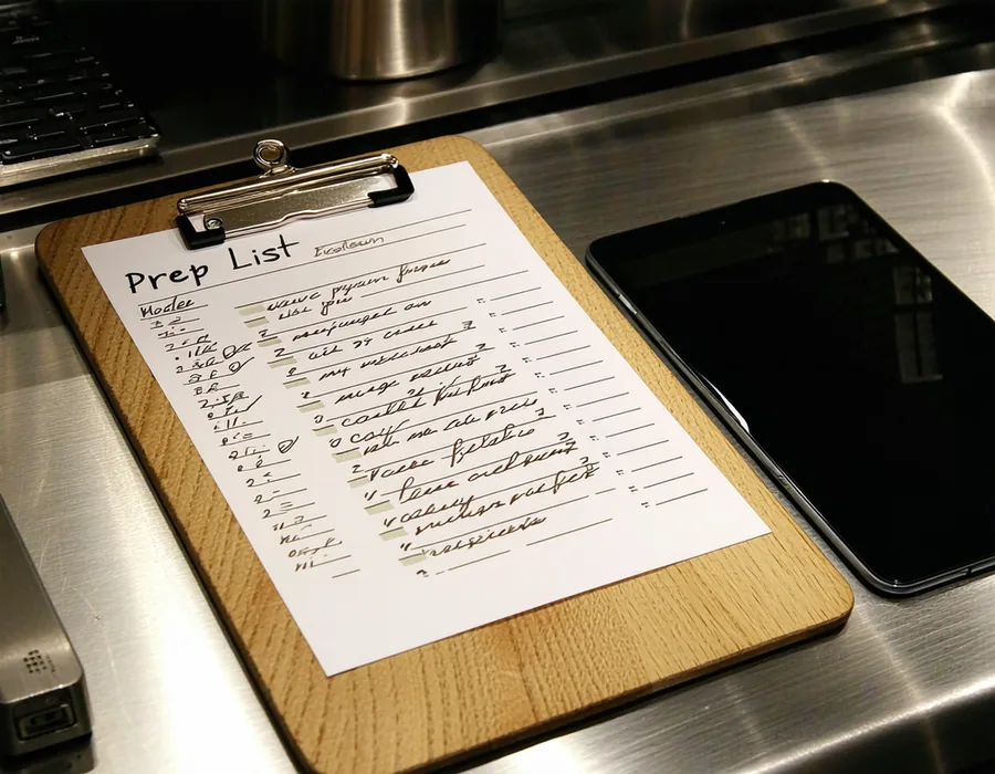 Handwritten prep list on a clipboard next to a tablet showing the digital equivalent in Prepcadence