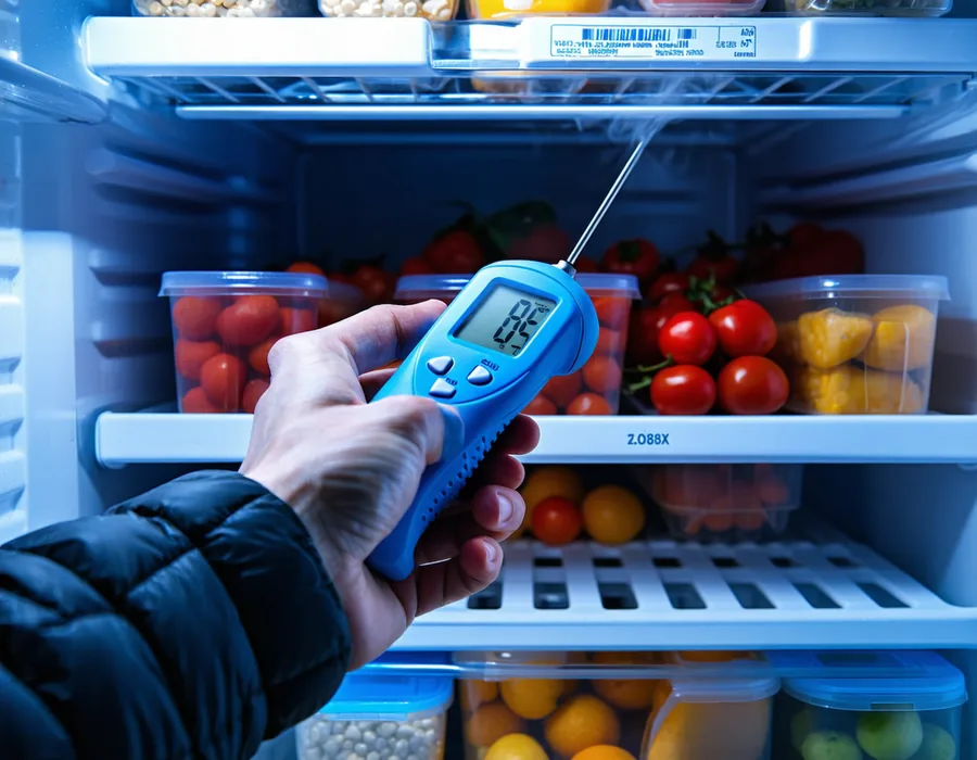 Chef checking temperature probe in walk-in refrigerator with digital thermometer