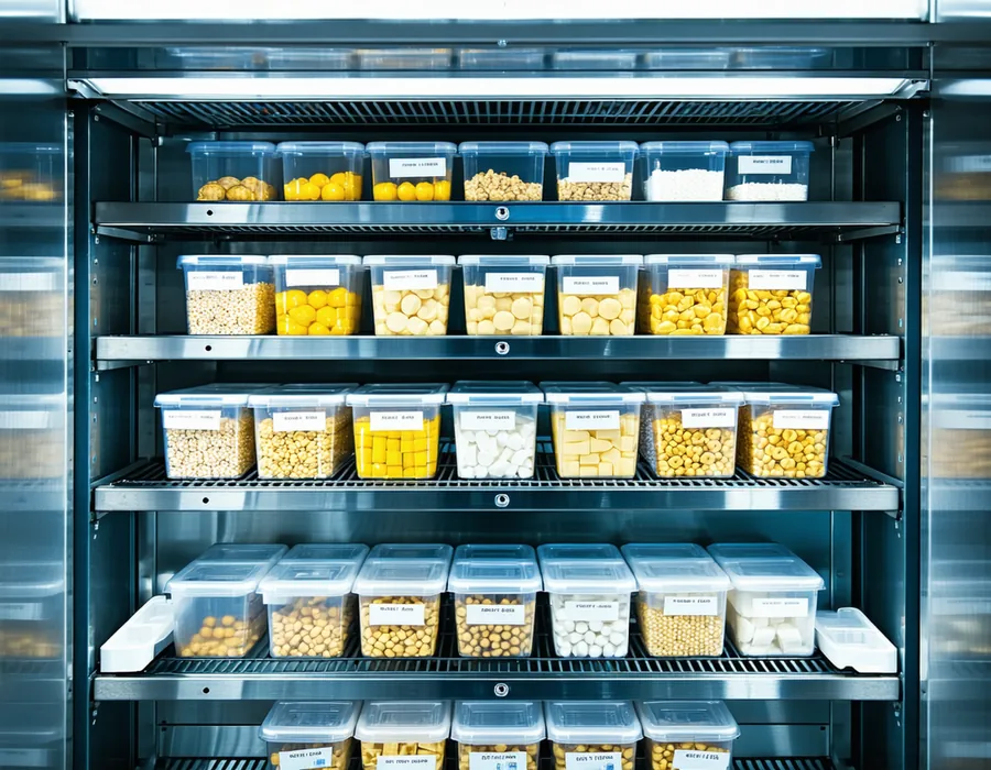 Walk-in refrigerator shelves with date labels showing FIFO food rotation organization